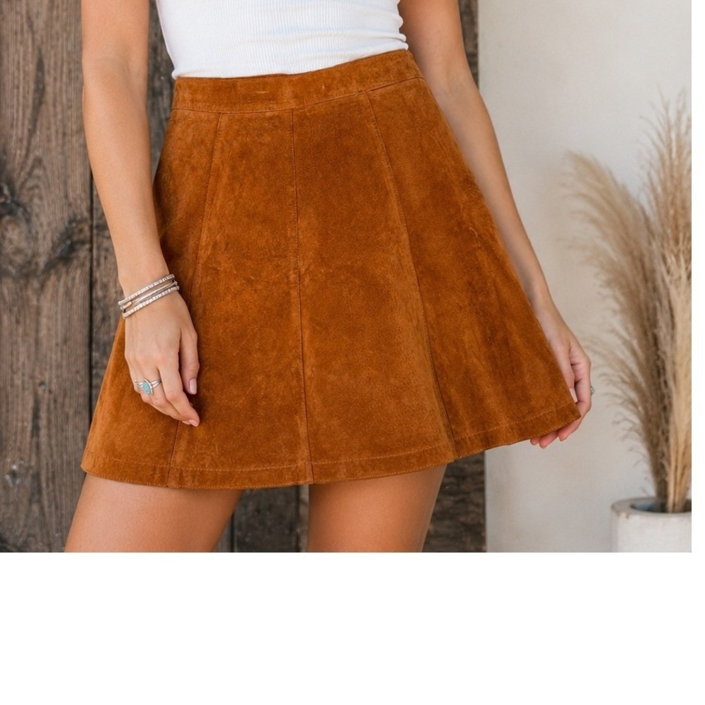 Vintage Cognac Brown Suede A-Line Mini‎ Skirt Boho Western Panelled Skirt